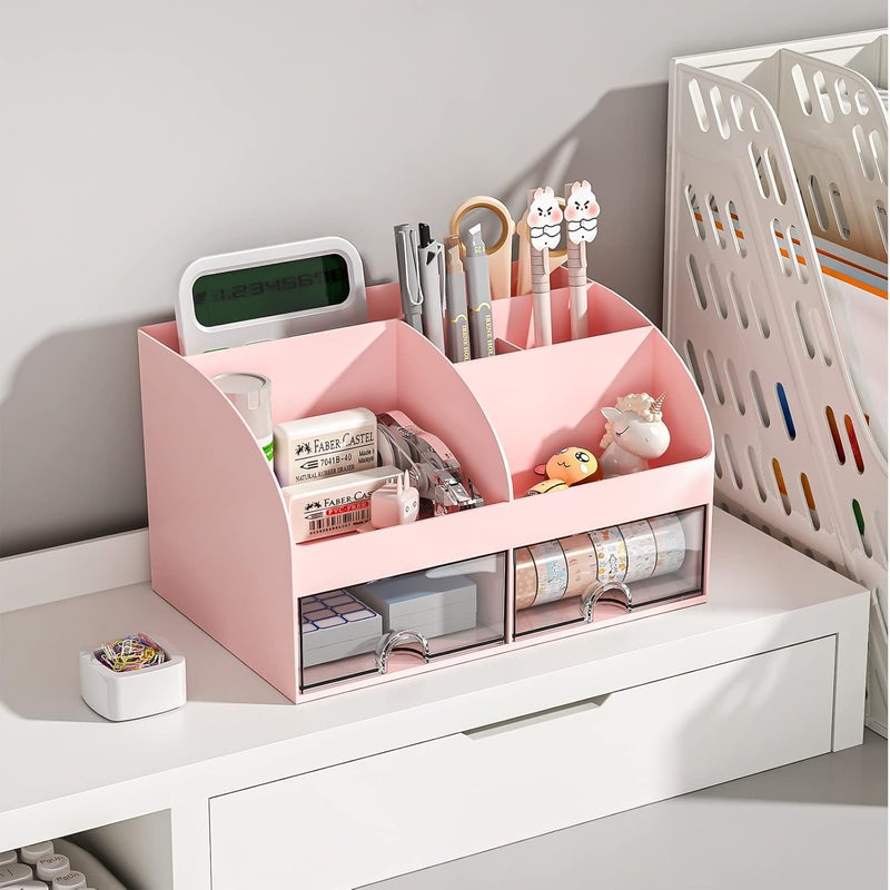 COMFYROOM Desk Organizer with 6 Compartments and 2 Drawers, Plastic Makeup Organizer, Pen Holder for Desktop Storage, Desk Organization for School, Home, Office Supplies (Pink) - Image 3